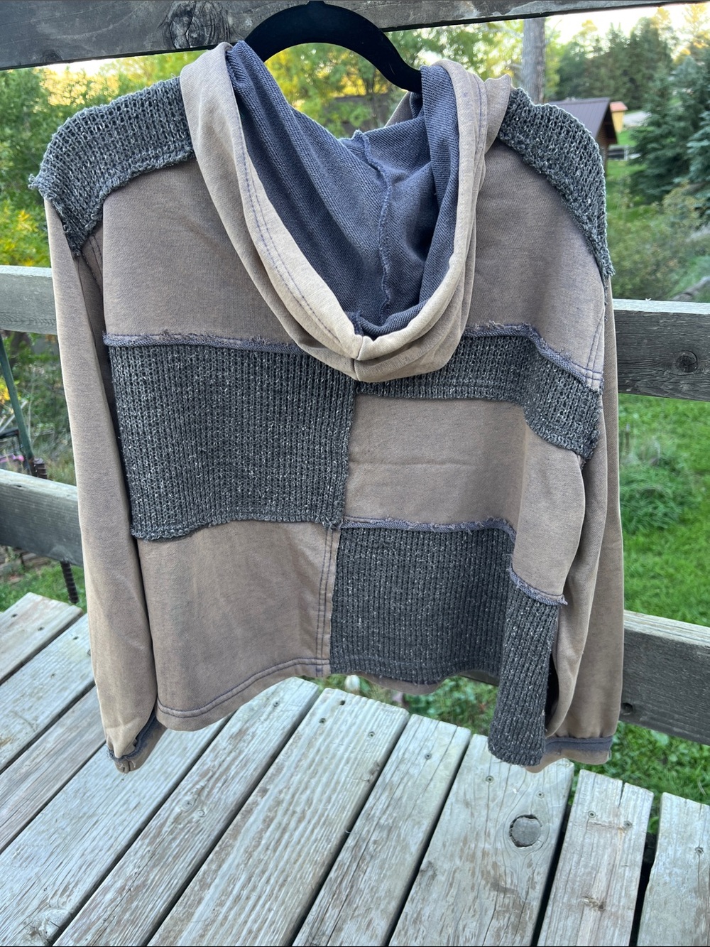 POL Patchwork Flower Appliqué Pullover Hoodie - Taupe, Gray, Green, Orange - Picture 2 of 9